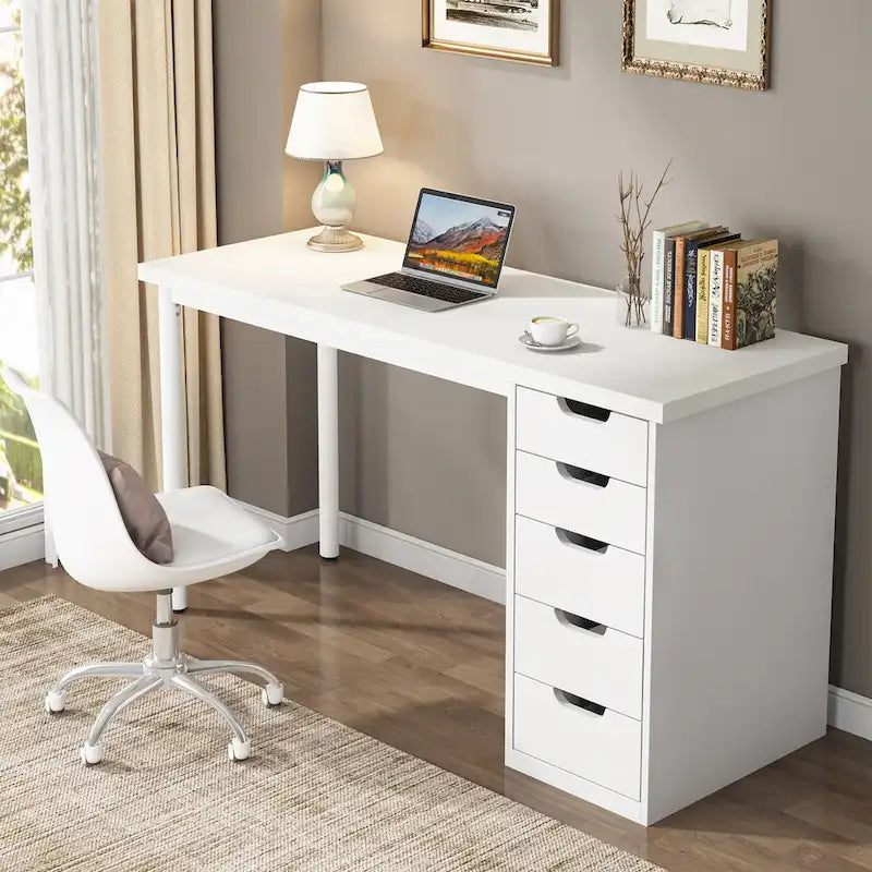 Bureau d'ordinateur de 120 cm avec 5 tiroirs, bureau d'écriture en bois et métal pour bureau salon