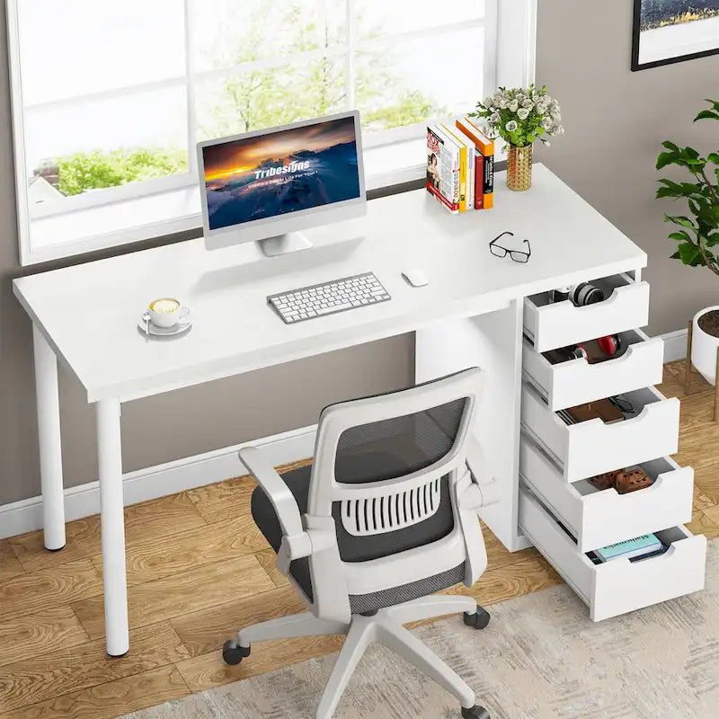 Bureau d'ordinateur de 120 cm avec 5 tiroirs, bureau d'écriture en bois et métal pour bureau salon