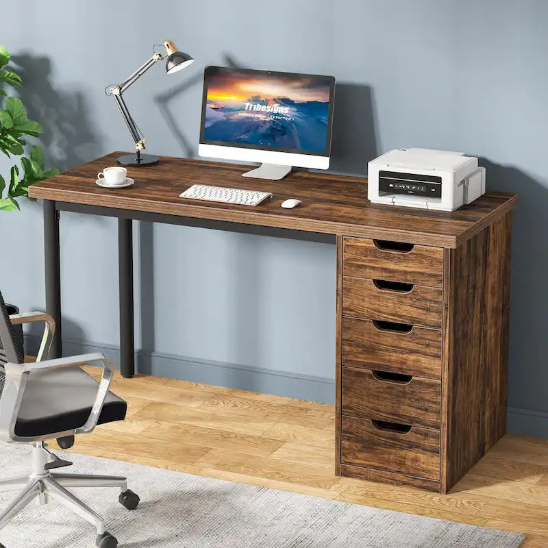 Bureau d'ordinateur de 120 cm avec 5 tiroirs, bureau d'écriture en bois et métal pour bureau salon