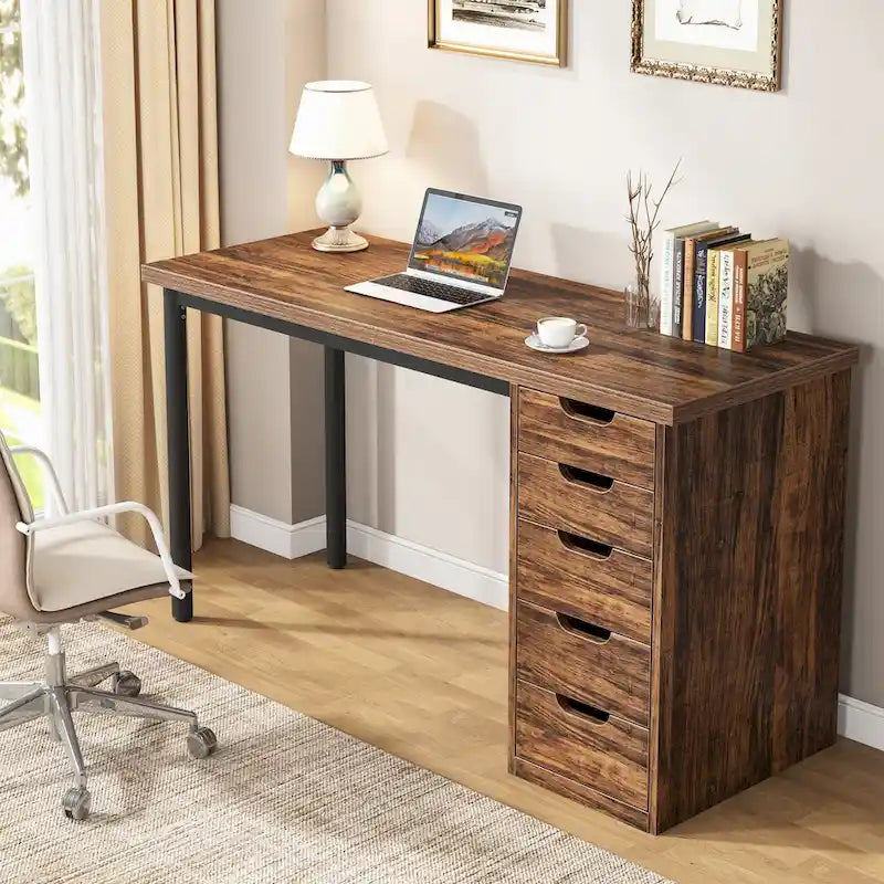 Bureau d'ordinateur de 120 cm avec 5 tiroirs, bureau d'écriture en bois et métal pour bureau salon