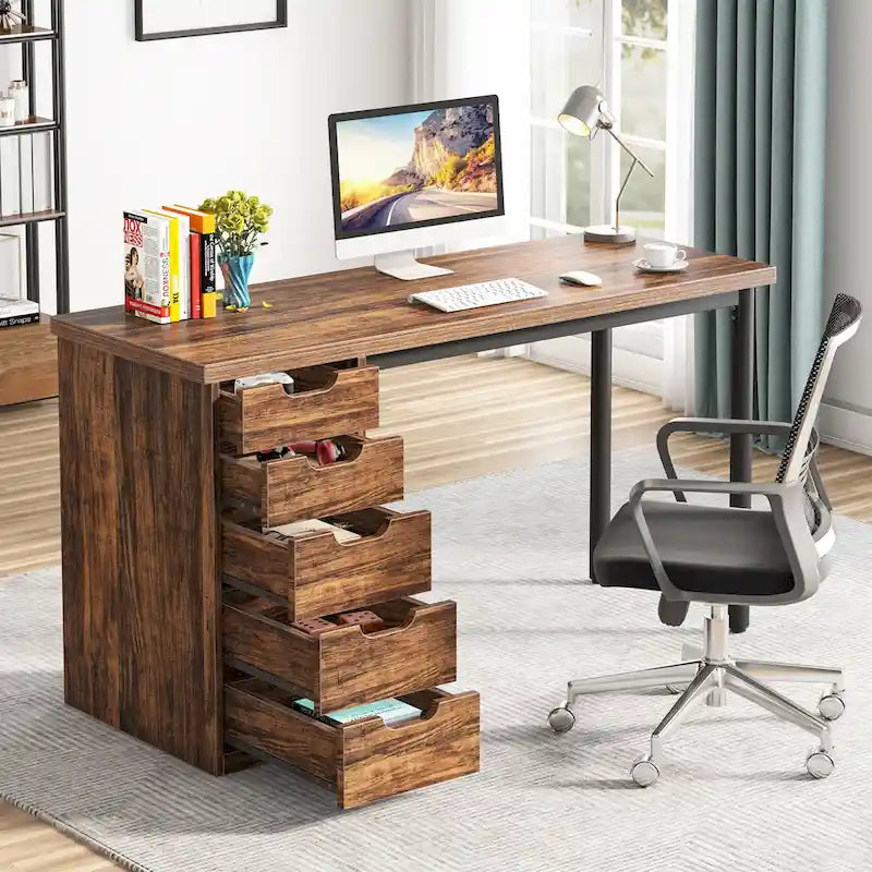 Bureau d'ordinateur de 120 cm avec 5 tiroirs, bureau d'écriture en bois et métal pour bureau salon