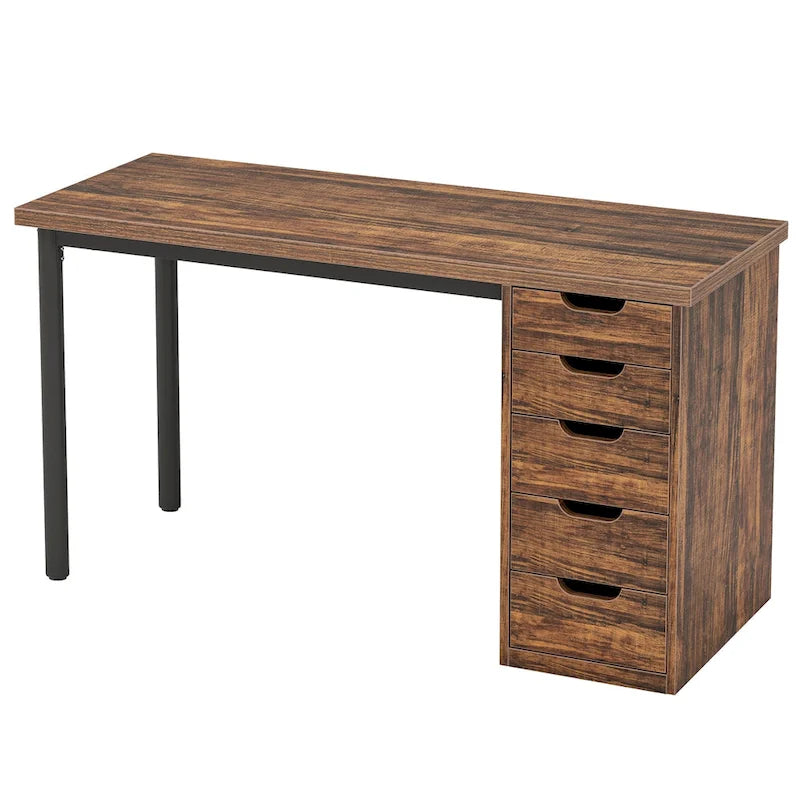 Bureau d'ordinateur de 120 cm avec 5 tiroirs, bureau d'écriture en bois et métal pour bureau salon