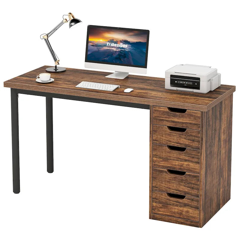 Bureau d'ordinateur de 120 cm avec 5 tiroirs, bureau d'écriture en bois et métal pour bureau salon