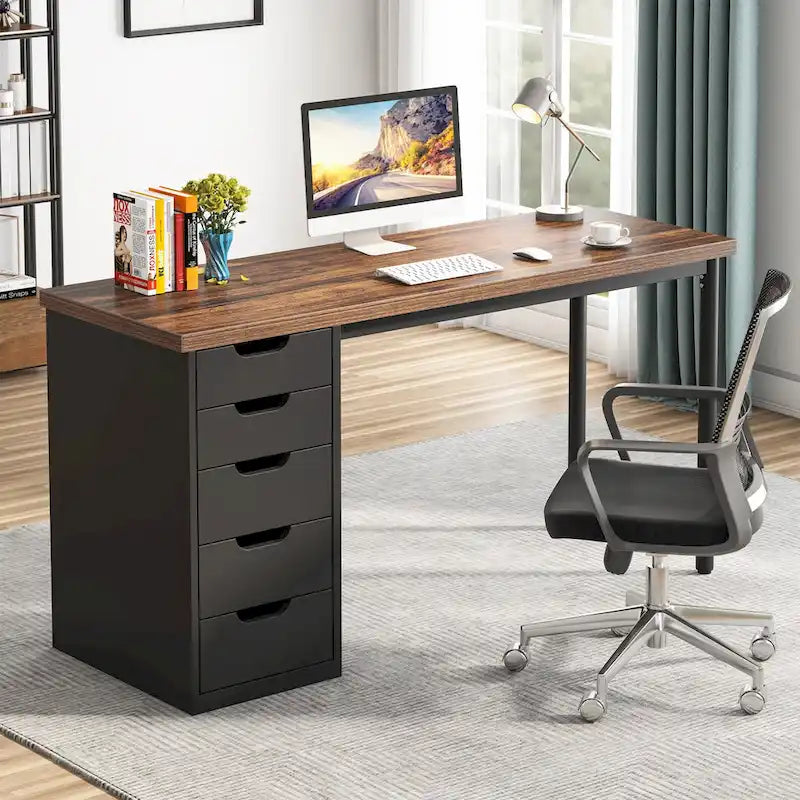 Bureau d'ordinateur de 120 cm avec 5 tiroirs, bureau d'écriture en bois et métal pour bureau salon