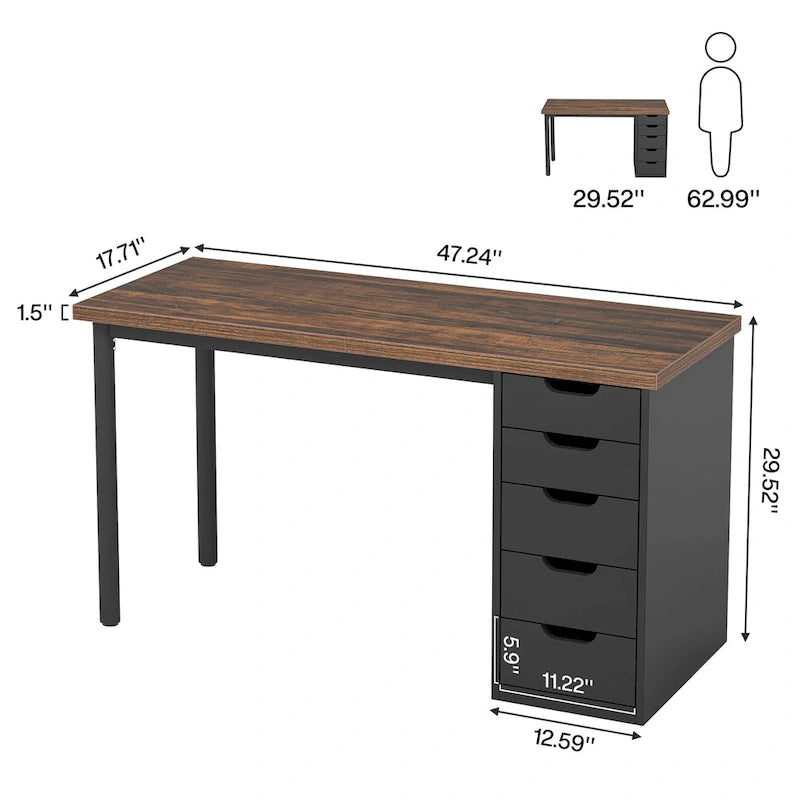 Bureau d'ordinateur de 120 cm avec 5 tiroirs, bureau d'écriture en bois et métal pour bureau salon