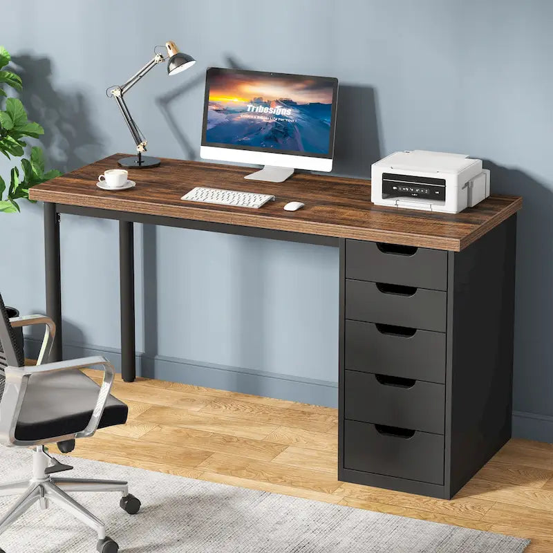 Bureau d'ordinateur de 120 cm avec 5 tiroirs, bureau d'écriture en bois et métal pour bureau salon