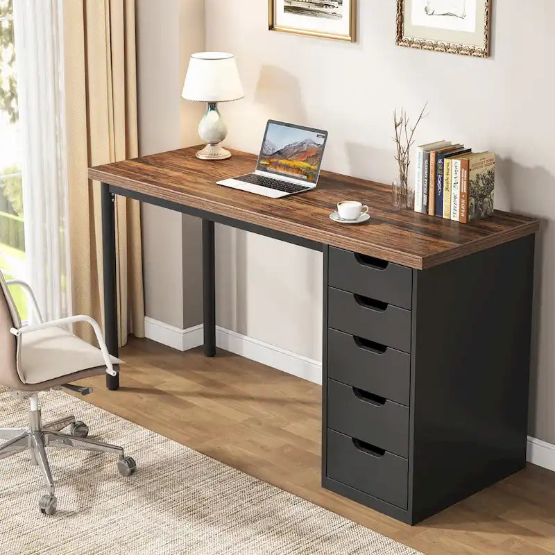 Bureau d'ordinateur de 120 cm avec 5 tiroirs, bureau d'écriture en bois et métal pour bureau salon