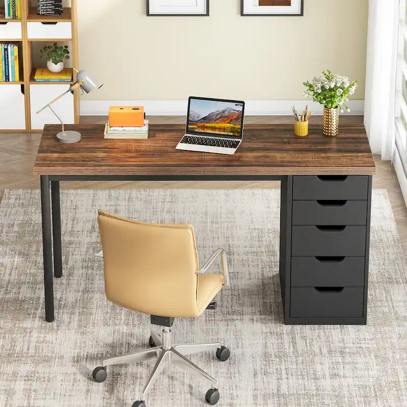 Bureau d'ordinateur de 120 cm avec 5 tiroirs, bureau d'écriture en bois et métal pour bureau salon