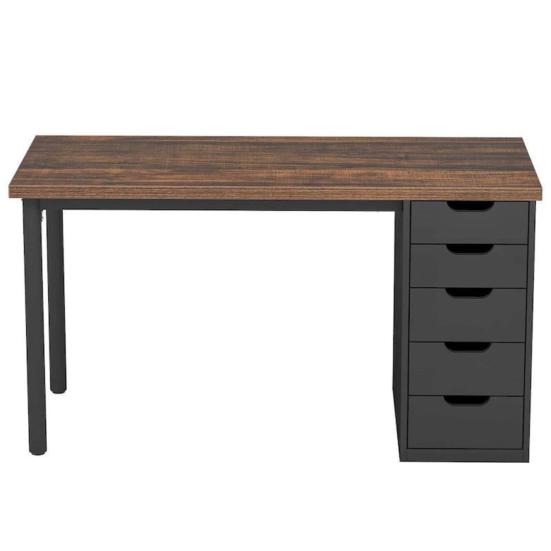 Bureau d'ordinateur de 120 cm avec 5 tiroirs, bureau d'écriture en bois et métal pour bureau salon