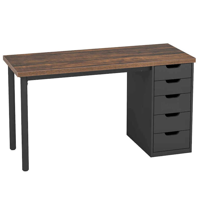 Bureau d'ordinateur de 120 cm avec 5 tiroirs, bureau d'écriture en bois et métal pour bureau salon