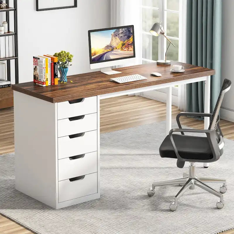 Bureau d'ordinateur de 120 cm avec 5 tiroirs, bureau d'écriture en bois et métal pour bureau salon
