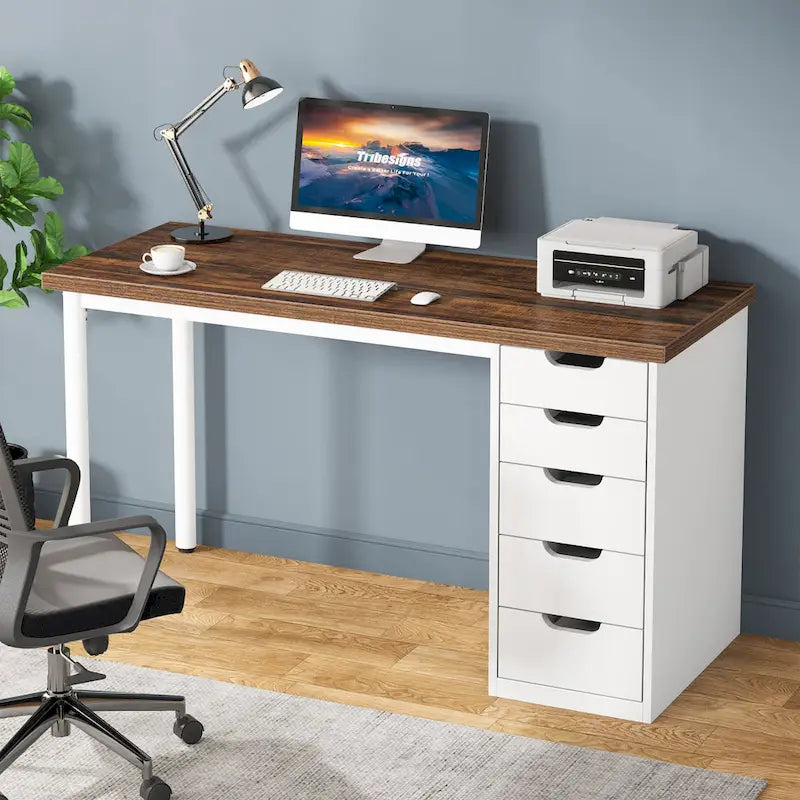 Bureau d'ordinateur de 120 cm avec 5 tiroirs, bureau d'écriture en bois et métal pour bureau salon
