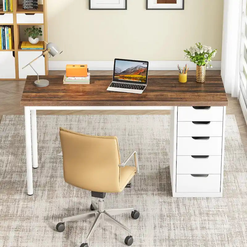 Bureau d'ordinateur de 120 cm avec 5 tiroirs, bureau d'écriture en bois et métal pour bureau salon