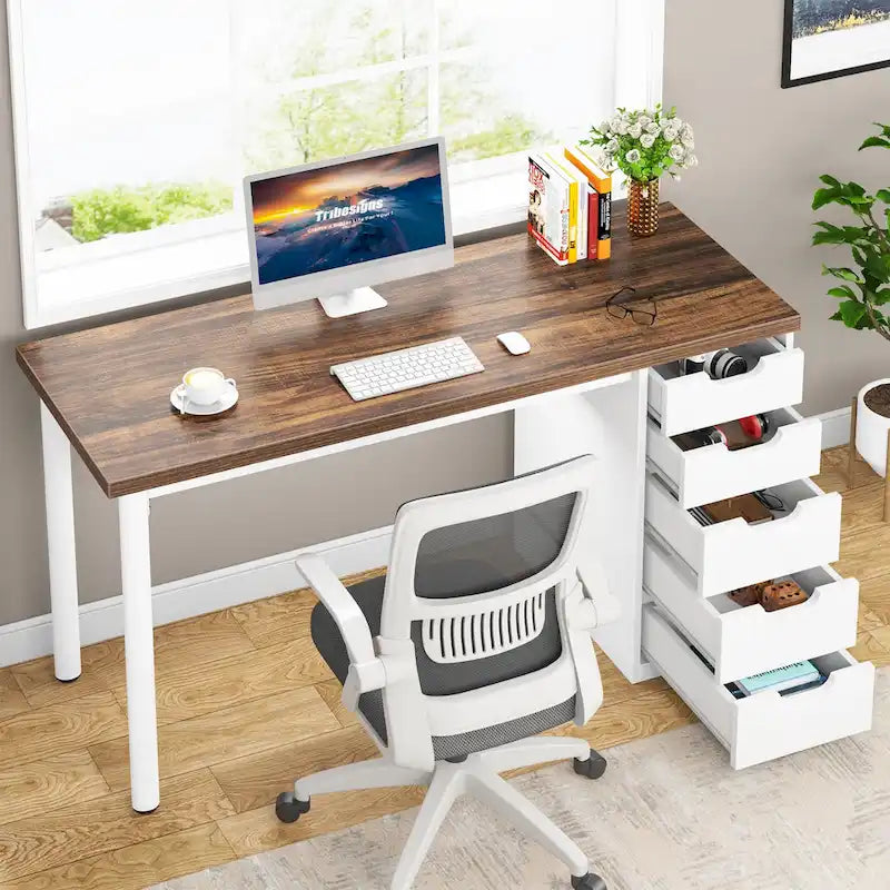 Bureau d'ordinateur de 120 cm avec 5 tiroirs, bureau d'écriture en bois et métal pour bureau salon