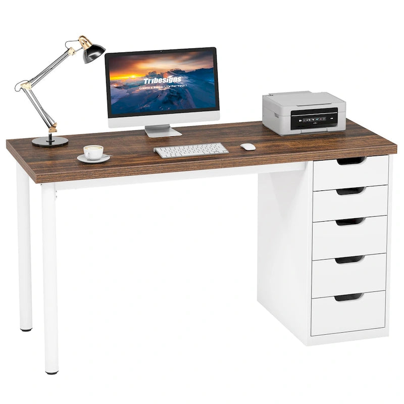 Bureau d'ordinateur de 120 cm avec 5 tiroirs, bureau d'écriture en bois et métal pour bureau salon