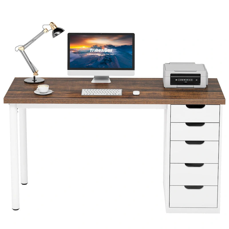 Bureau d'ordinateur de 120 cm avec 5 tiroirs, bureau d'écriture en bois et métal pour bureau salon