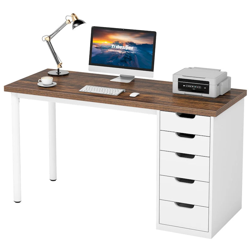Bureau d'ordinateur de 120 cm avec 5 tiroirs, bureau d'écriture en bois et métal pour bureau salon