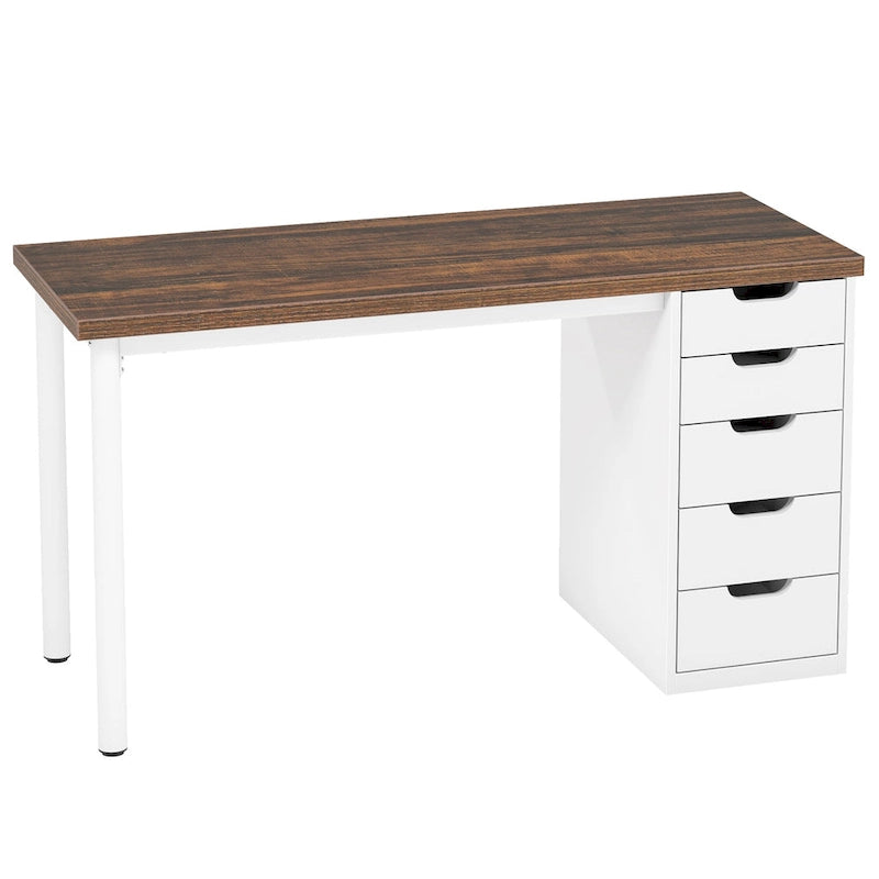 Bureau d'ordinateur de 120 cm avec 5 tiroirs, bureau d'écriture en bois et métal pour bureau salon