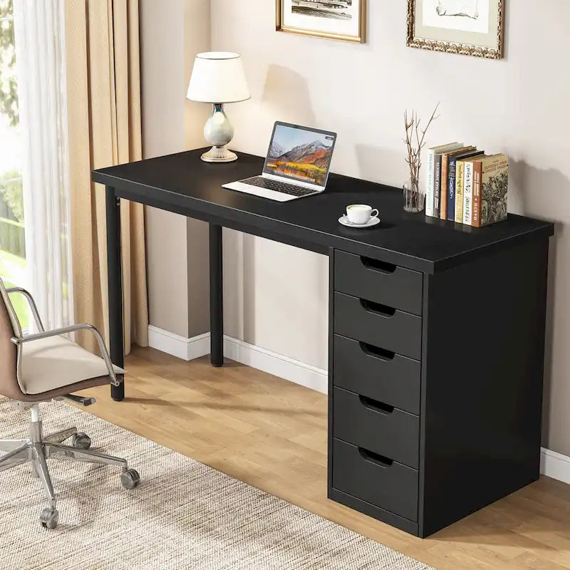 Bureau d'ordinateur de 120 cm avec 5 tiroirs, bureau d'écriture en bois et métal pour bureau salon