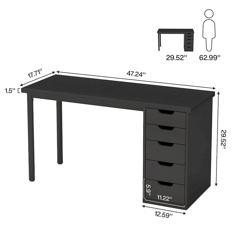 Bureau d'ordinateur de 120 cm avec 5 tiroirs, bureau d'écriture en bois et métal pour bureau salon
