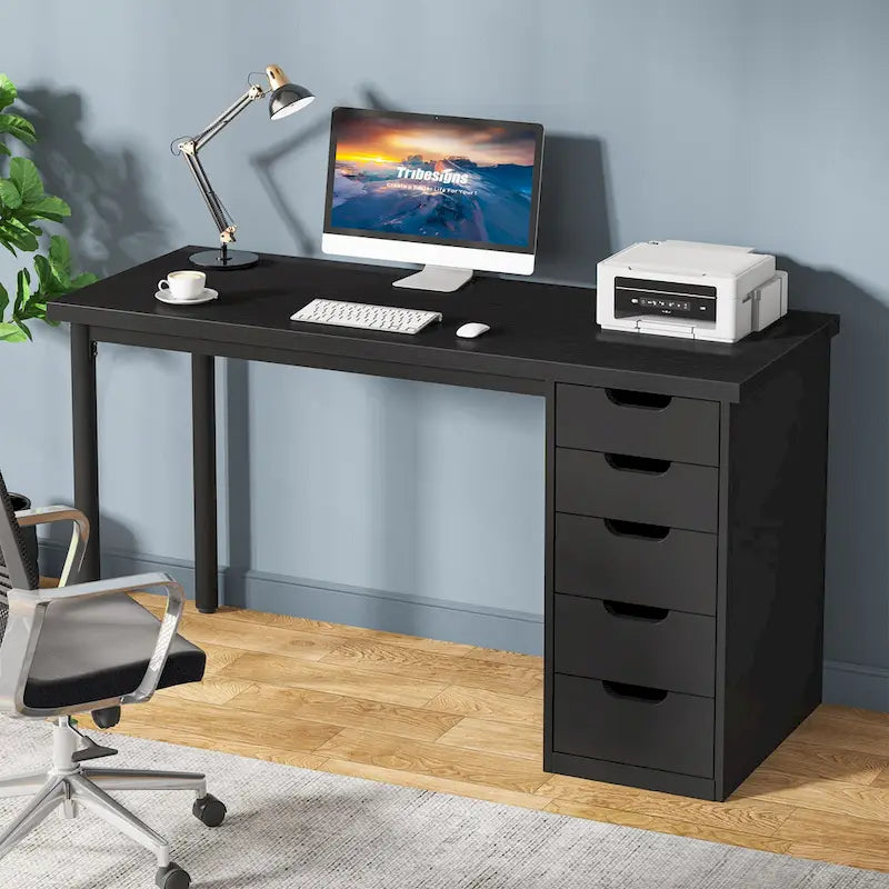 Bureau d'ordinateur de 120 cm avec 5 tiroirs, bureau d'écriture en bois et métal pour bureau salon