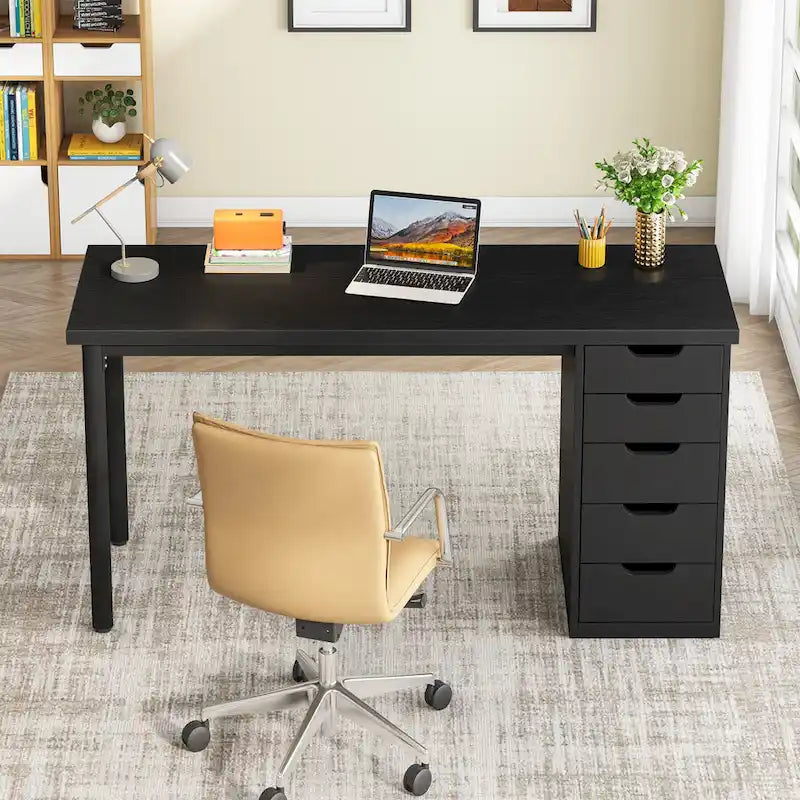 Bureau d'ordinateur de 120 cm avec 5 tiroirs, bureau d'écriture en bois et métal pour bureau salon