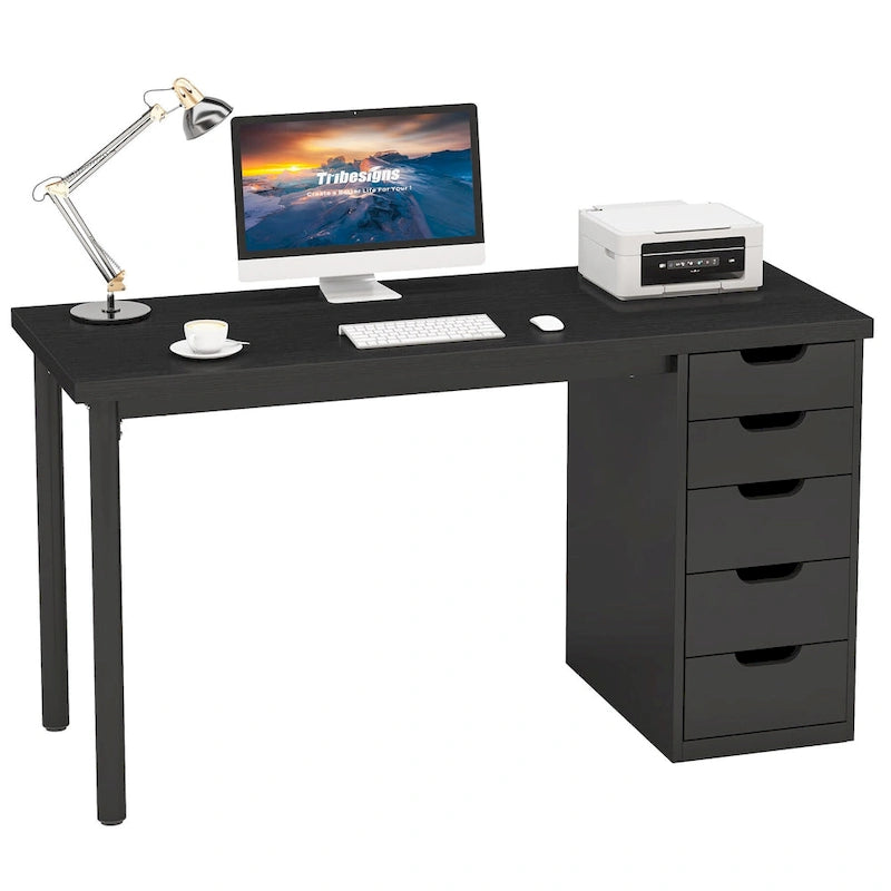 Bureau d'ordinateur de 120 cm avec 5 tiroirs, bureau d'écriture en bois et métal pour bureau salon