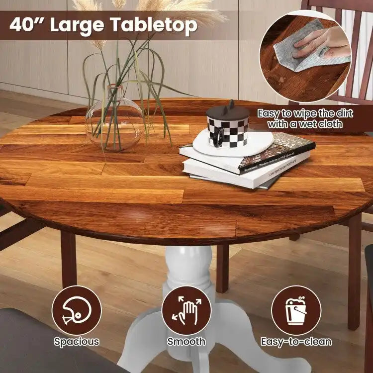 Table de salle à manger en bois avec plateau rond et pieds en tréteaux incurvés
