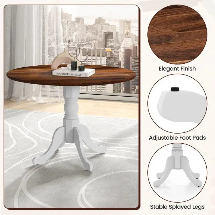 Table de salle à manger en bois avec plateau rond et pieds en tréteaux incurvés