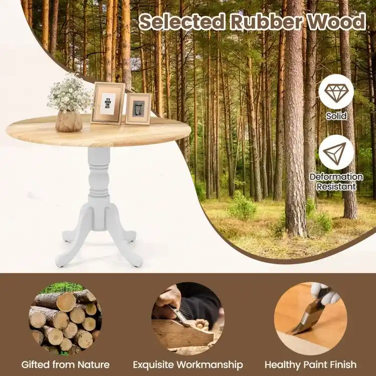 Table de salle à manger en bois avec plateau rond et pieds en tréteaux incurvés