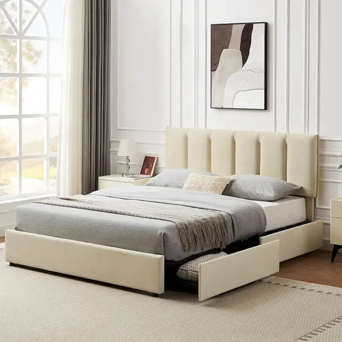Javlergo Bed Frame with Storage Drawers, Upholstered Platform Bed Frame with Adjustable Headboard