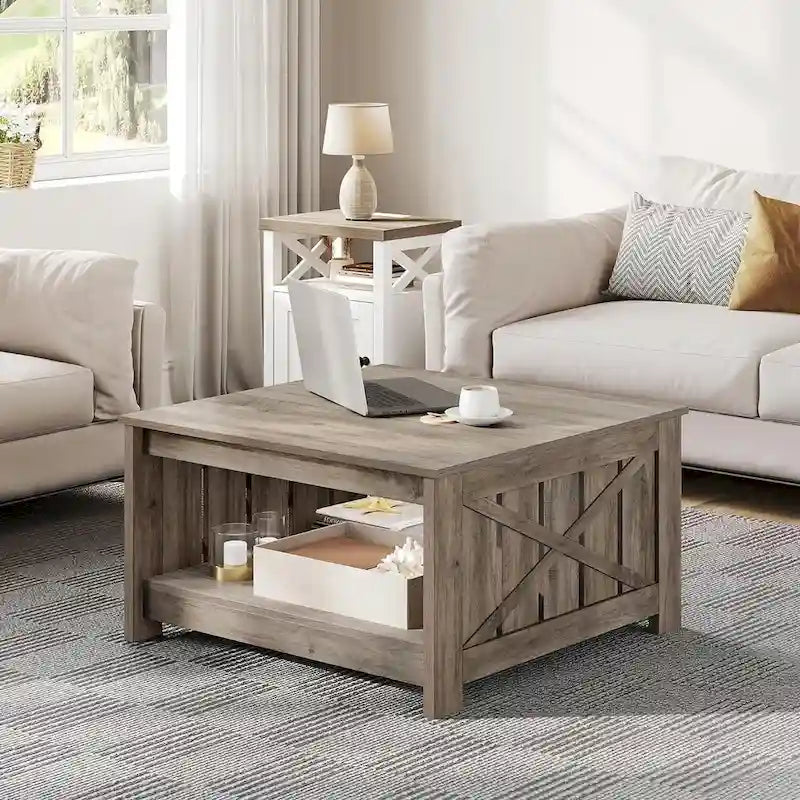 Table basse de ferme avec rangement pour salon, table basse carrée