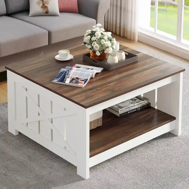 Table basse de ferme avec rangement pour salon, table basse carrée