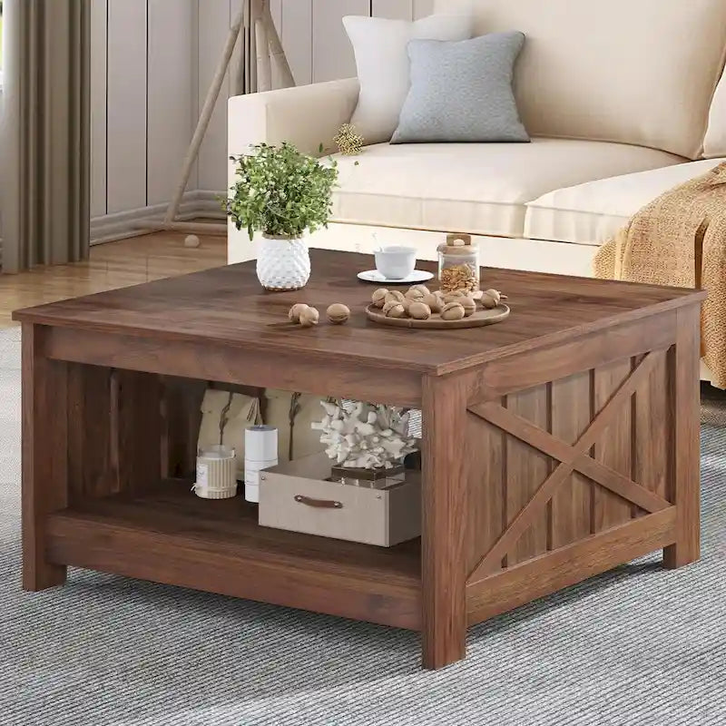 Table basse de ferme avec rangement pour salon, table basse carrée